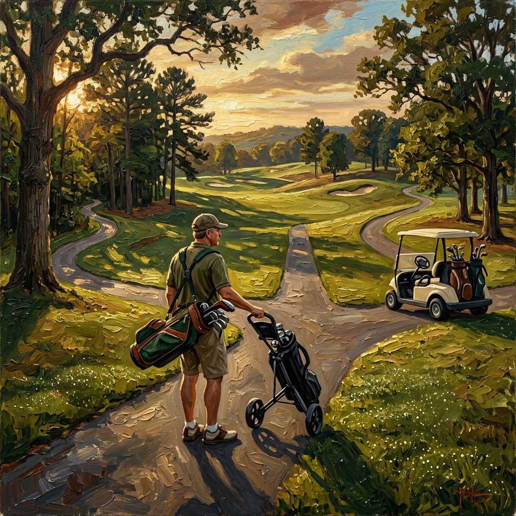 Golfer standing at a cart path fork with a carry bag, a push cart, and a golf cart, push cart vs carry bag vs golf cart