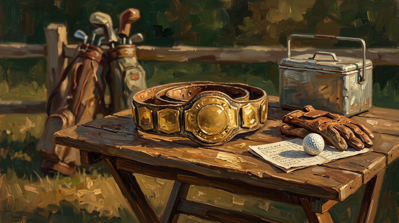 Gold championship belt on a wooden table with golf gear, golf trip championship points system