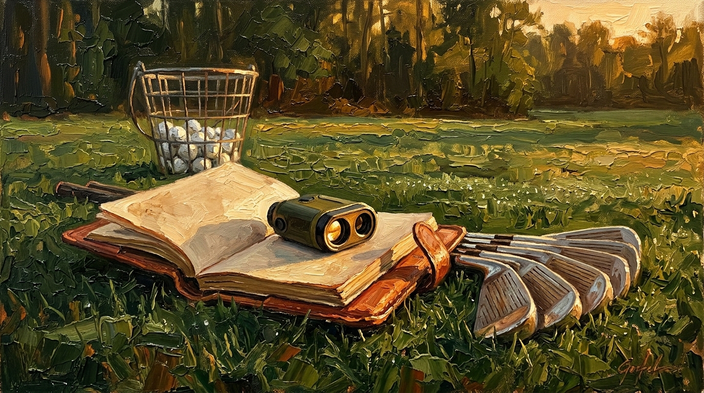 Rustic still-life of a notebook, rangefinder, and golf clubs in morning grass representing tracked golf club distances