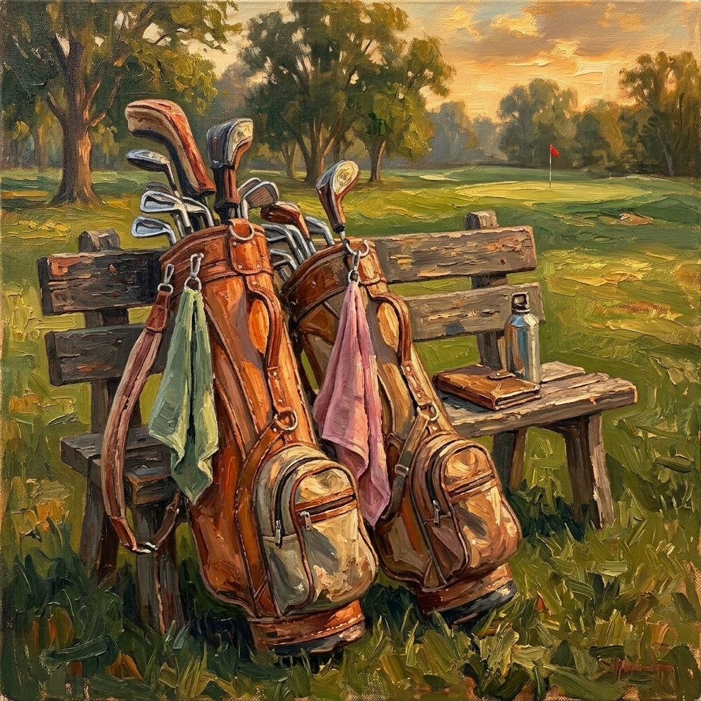 Two golf bags of different heights leaned together against a bench at dusk, playing golf as a couple without arguing