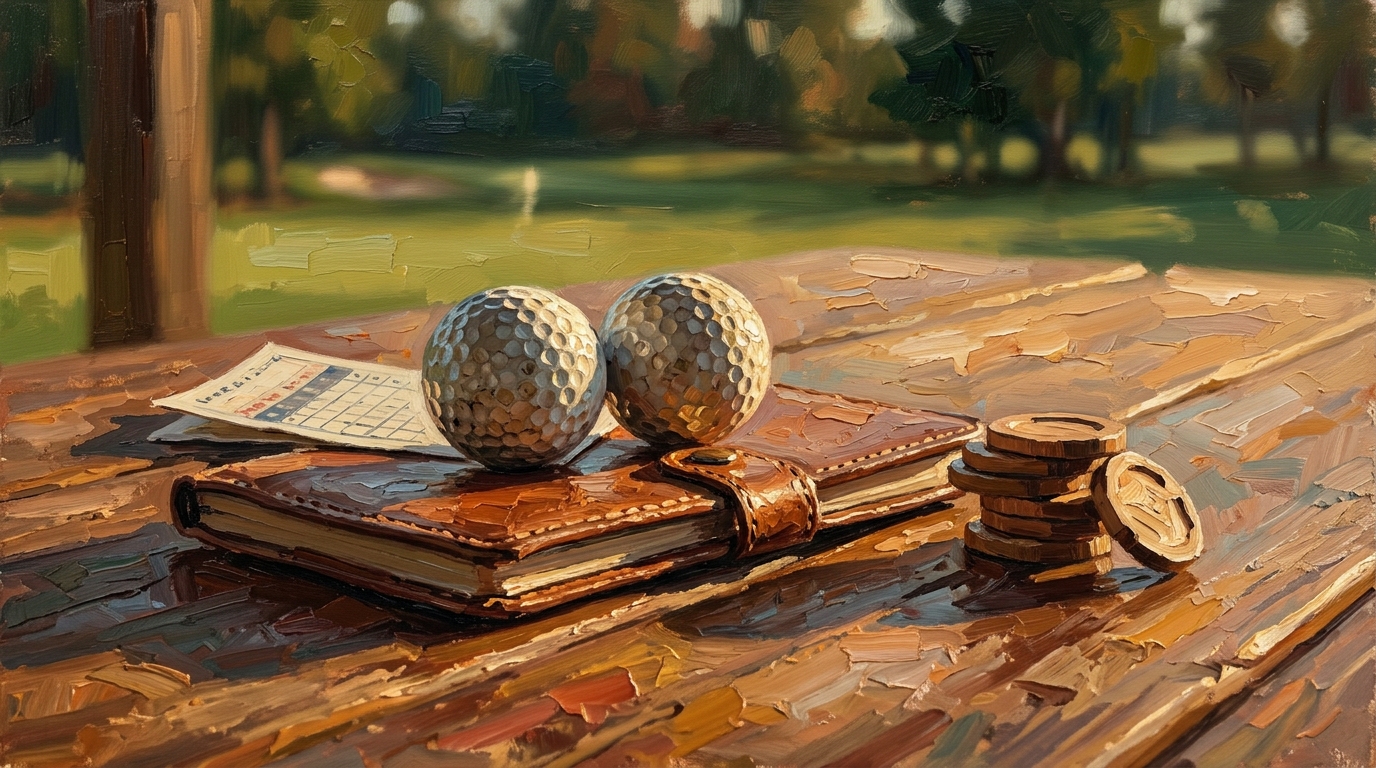 Two golf balls resting on a leather scorebook with wooden scoring chips, daytona golf game rules