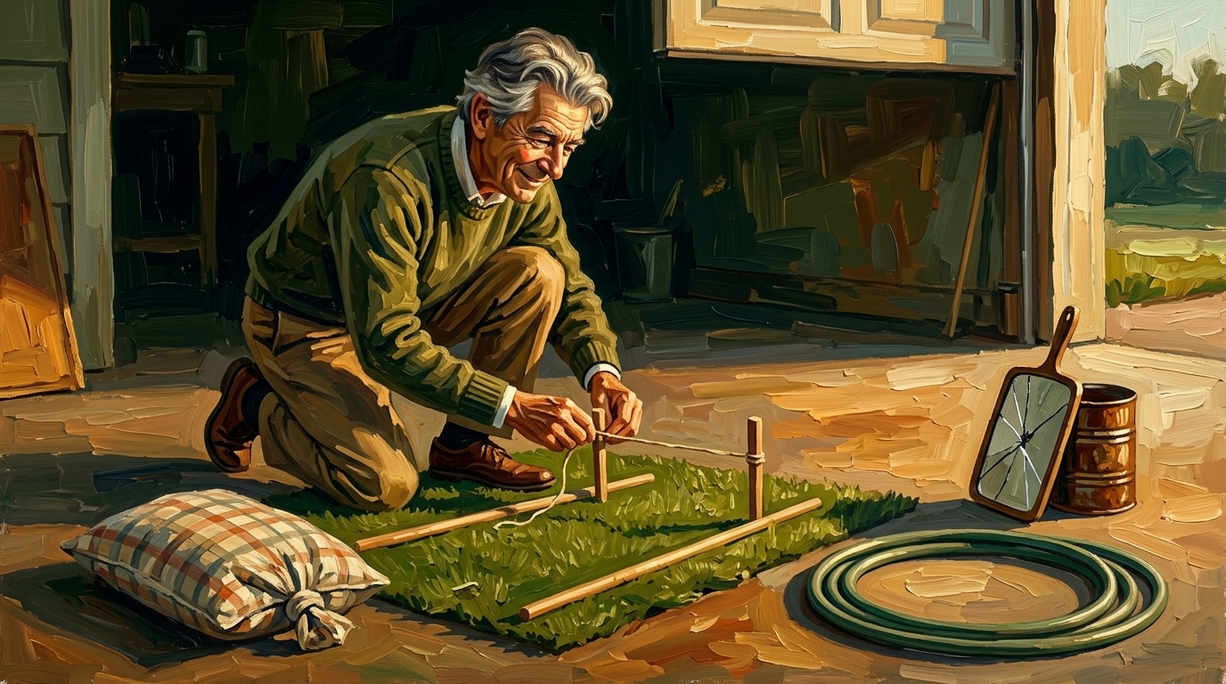 Weekend golfer surrounded by homemade DIY golf training aids in a garage, diy golf training aids