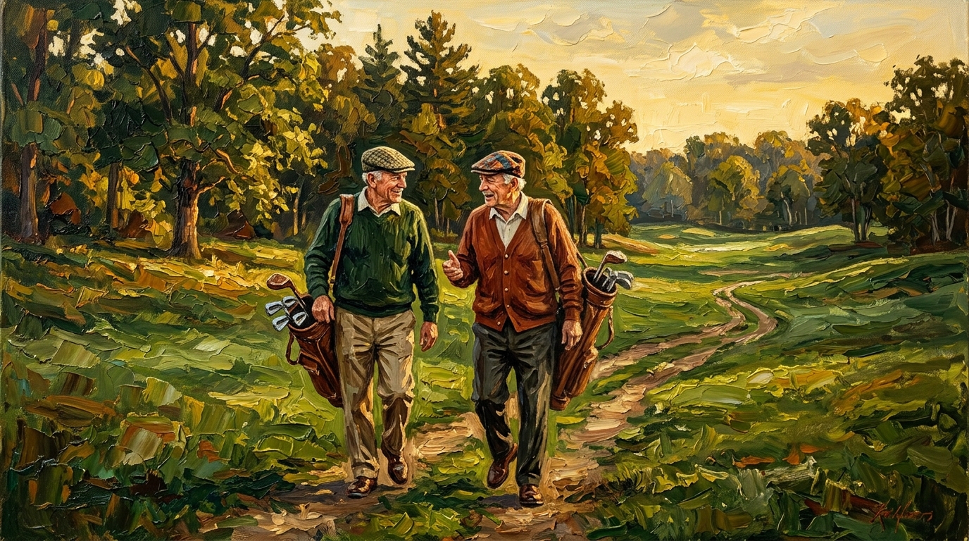 Two friends walking down an empty fairway in late afternoon light mid-conversation, golf as a long conversation with friends