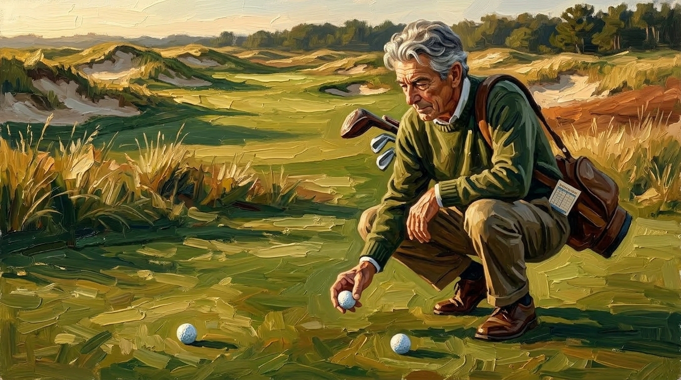 Golfer crouched between two golf balls in the fairway deciding which one to play, foursomes vs chapman golf