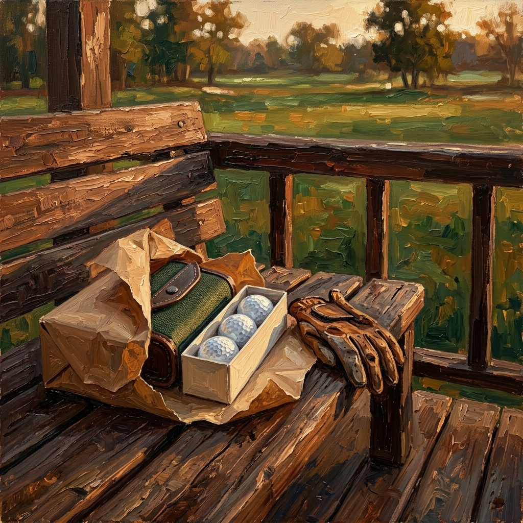 Wrapped golf gift on a clubhouse bench, best golf gifts under 100 dollars