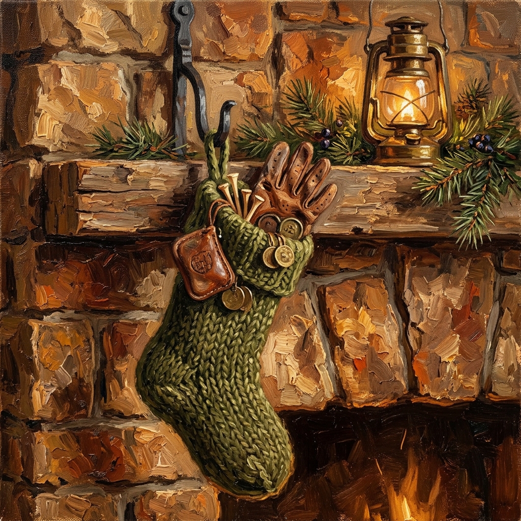 A wool golf stocking overflowing with small golf gifts by a stone mantel, golf stocking stuffers for golfers