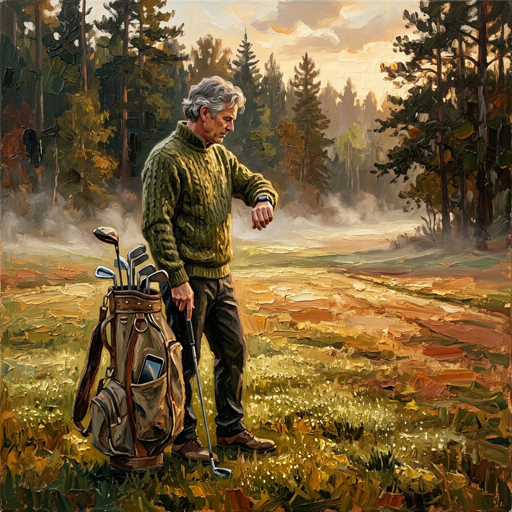 Weekend golfer glancing at a GPS watch on the fairway with a phone in his golf bag pocket, golf gps watch vs phone app