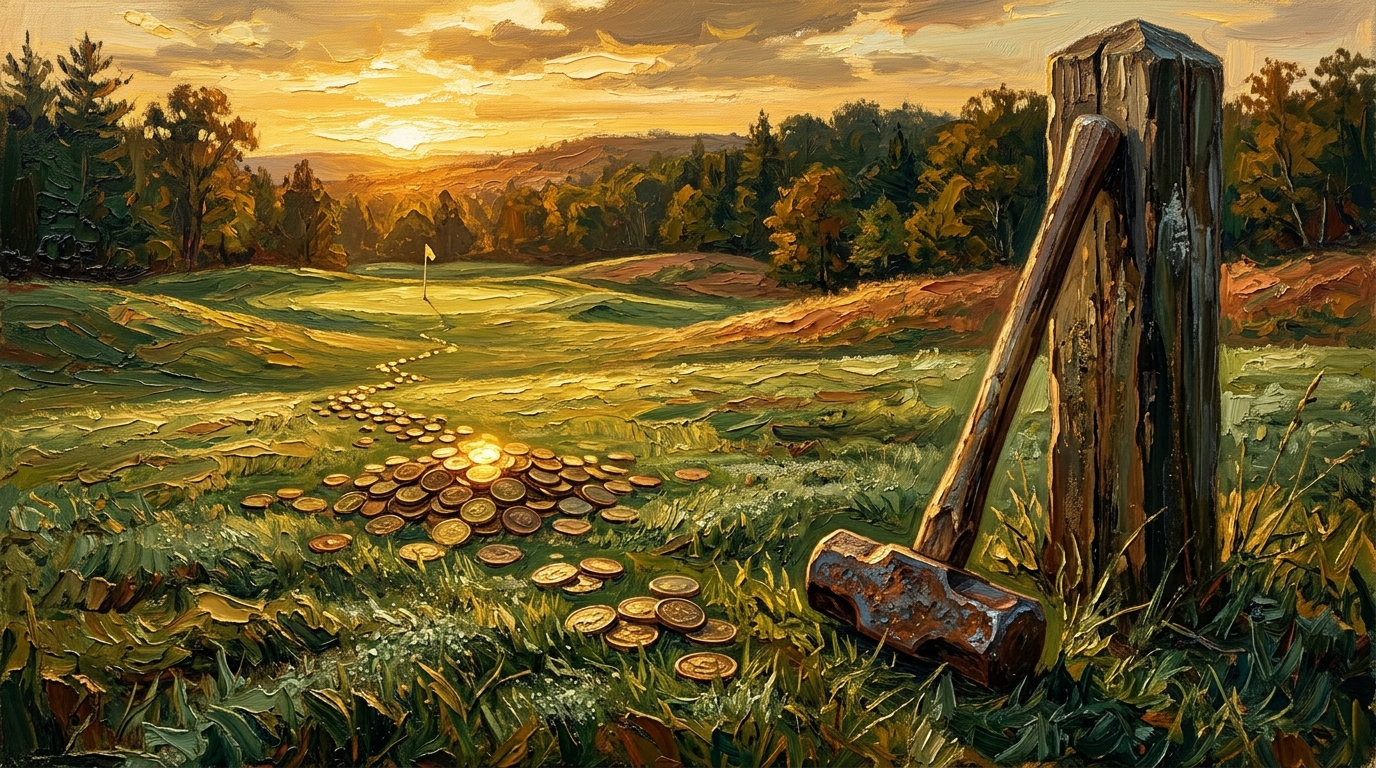 Blacksmith hammer resting against a doubling stack of golf tees on a wooden fairway marker, hammer golf game rules