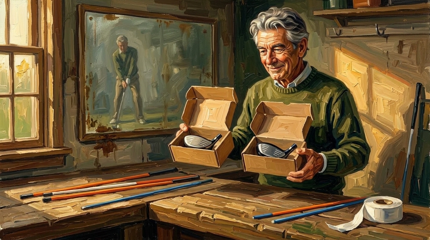 Two mirrored boxed golf swing trainers on a workbench, left handed golf training aids