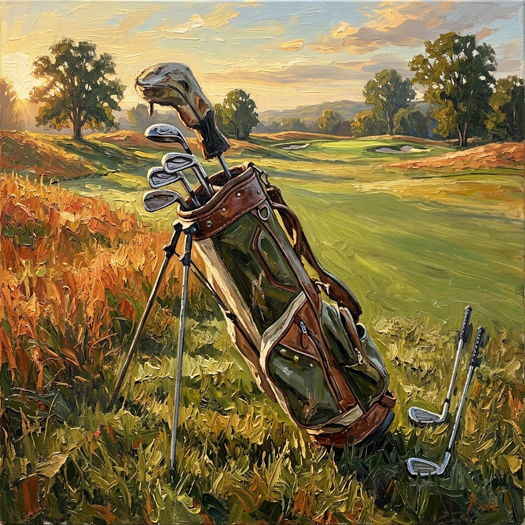 A worn golf carry bag holding a small set of clubs on the fairway with two long irons left behind in the rough, what golf clubs do i need
