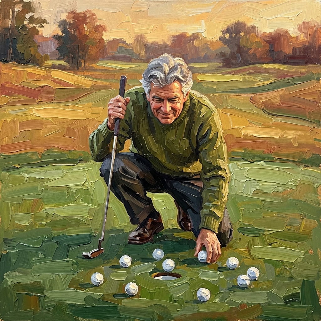 Golfer crouched reading a short putt alone on a practice green at golden hour, no gimmes putting everything out golf