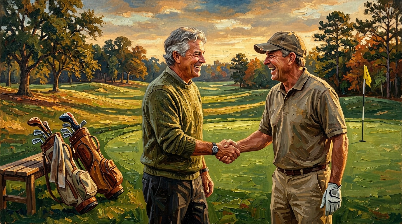 Two golfers shaking hands on a golden-hour green, friend you only see golfing