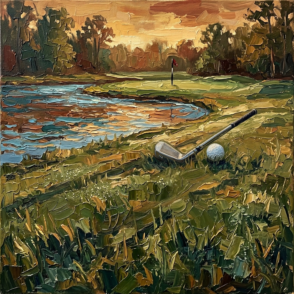 Golf club and ball laid up short of a pond on a fairway, course management when playing badly