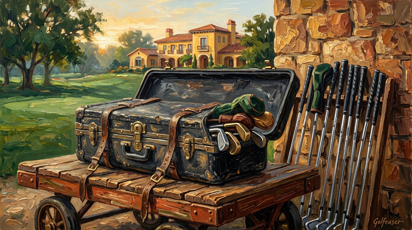 Golf travel bag beside a rack of resort rental clubs at sunrise, rent golf clubs vs travel with clubs