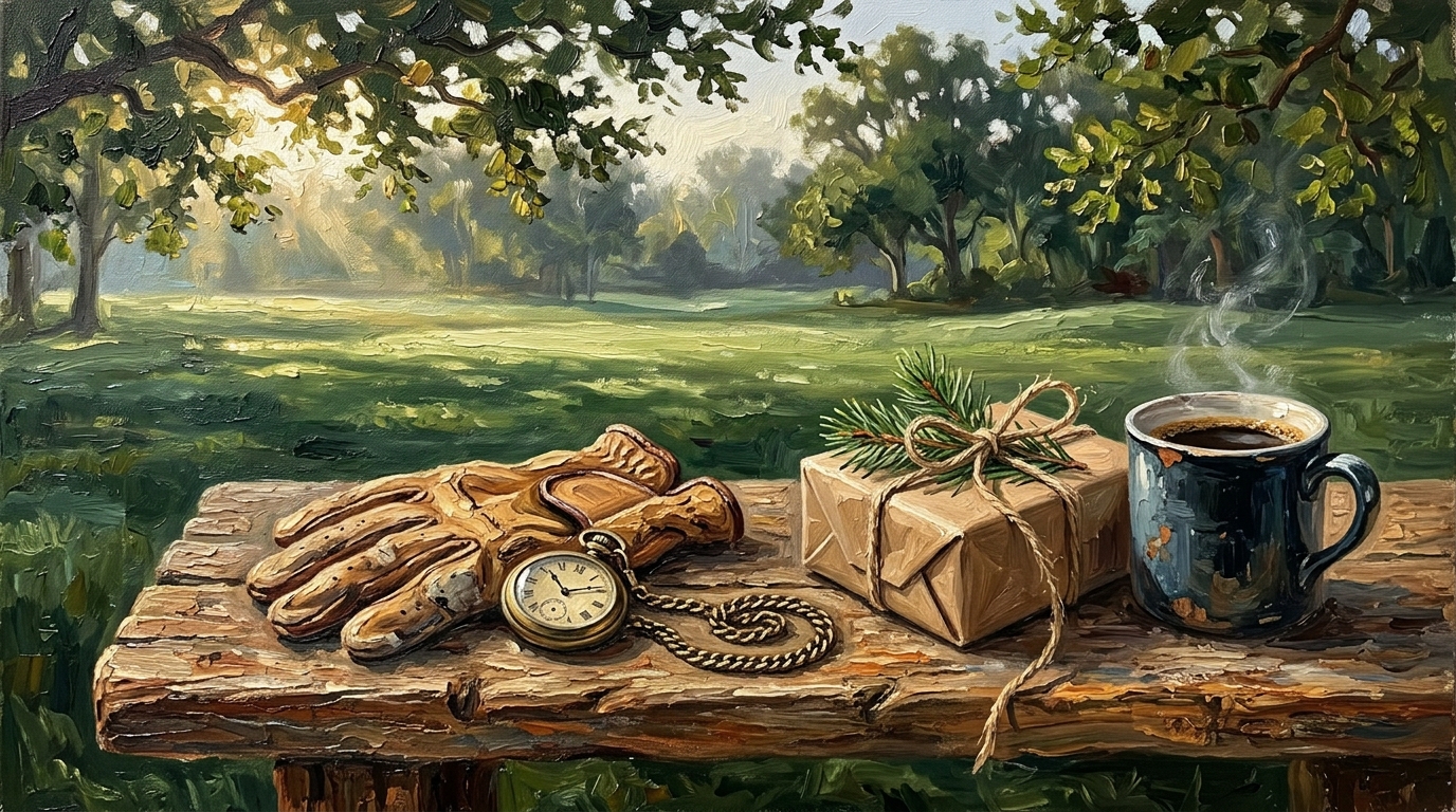 Weathered golf glove, pocket watch, and wrapped gift on a clubhouse bench in morning light, golf retirement gift ideas