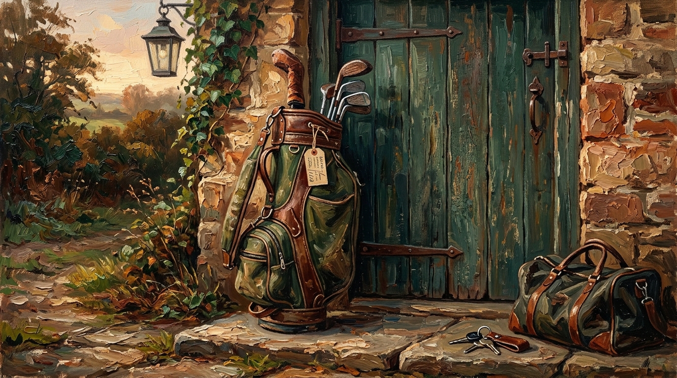 Golf travel bag with a shipping tag by a farmhouse door at dawn — ship golf clubs vs checked bag