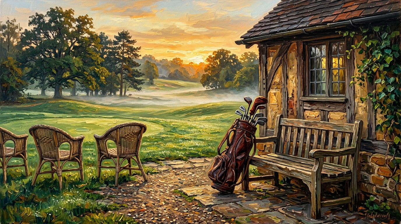Empty wicker chairs and a golf bag waiting on a clubhouse bench at sunrise, why men need standing appointments with friends