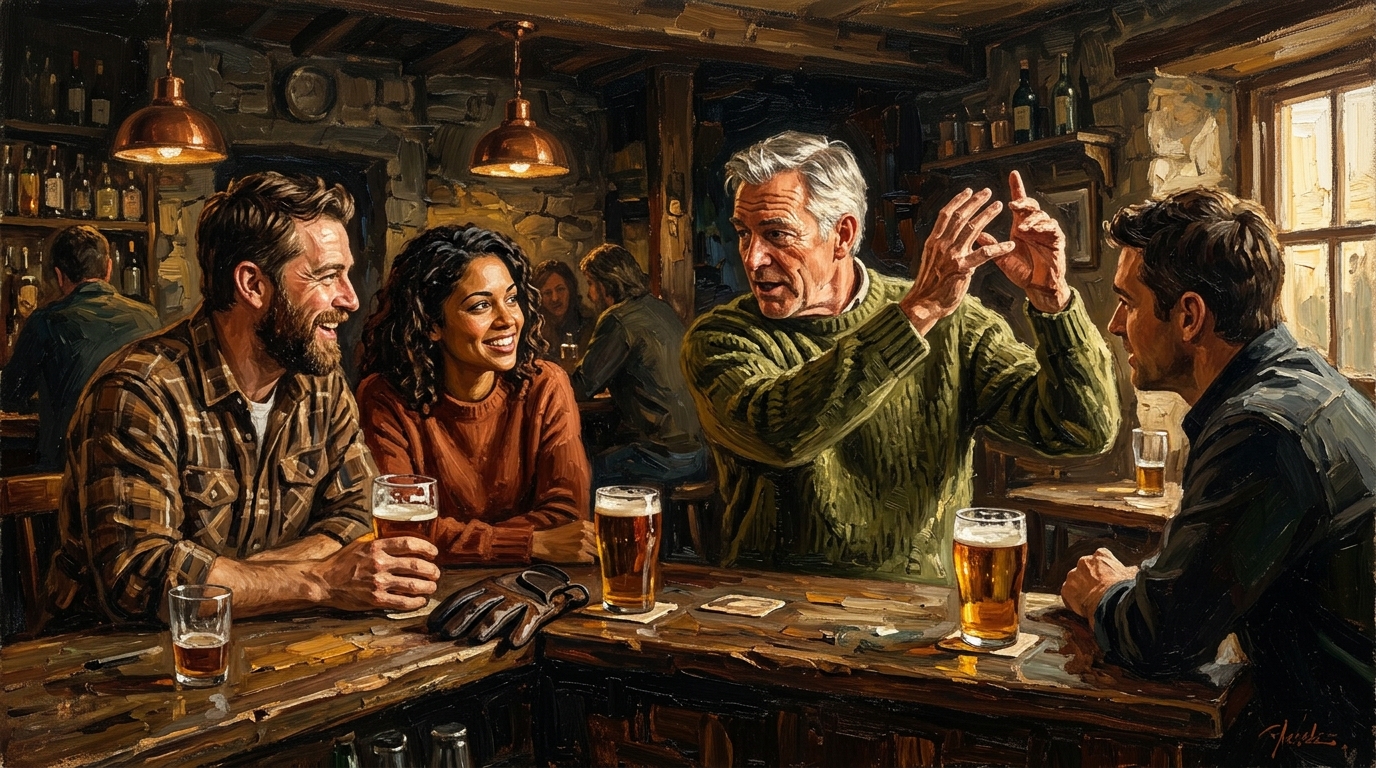 A silver-haired man telling an animated story at a rustic bar while friends lean in, telling golf stories to non golfers