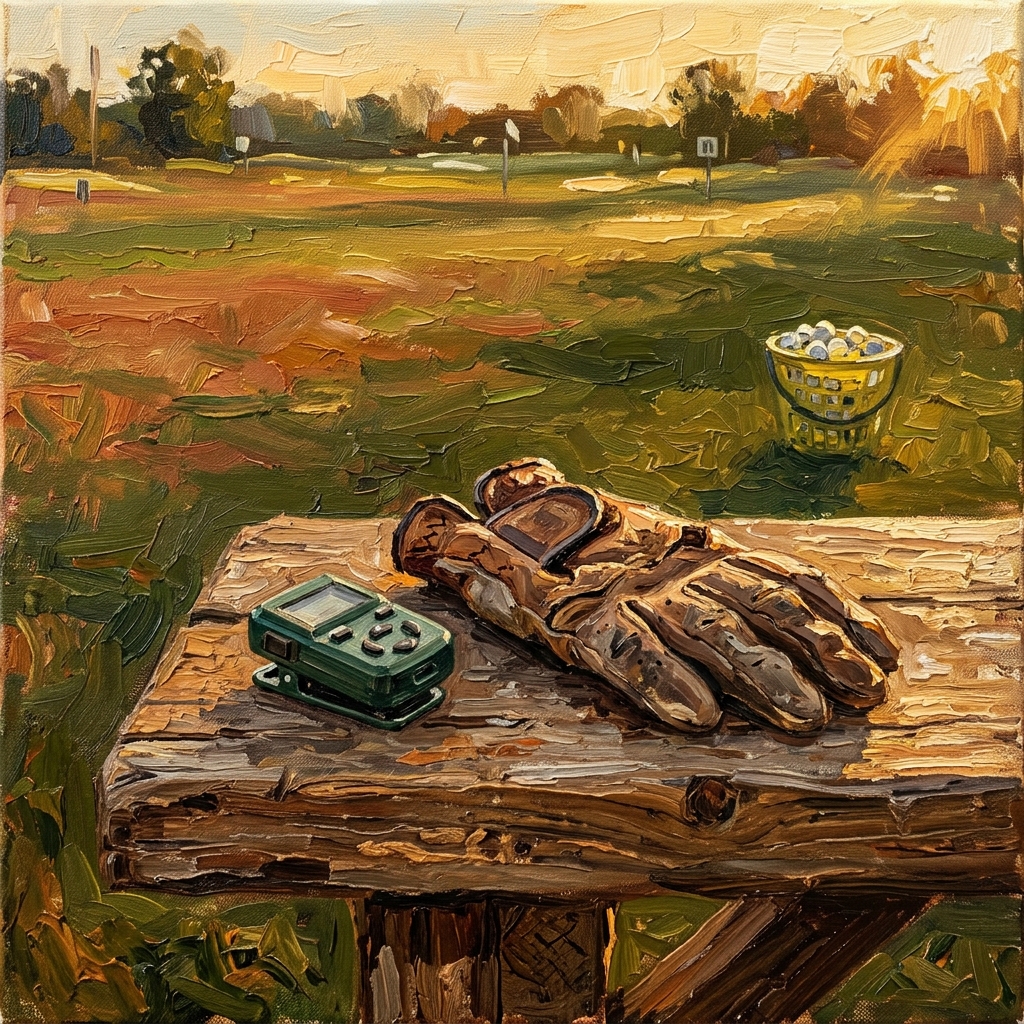 Weathered golf glove and a small plastic tempo trainer clip resting on a driving range bench at golden hour, tempo trainer vs golf lesson comparison
