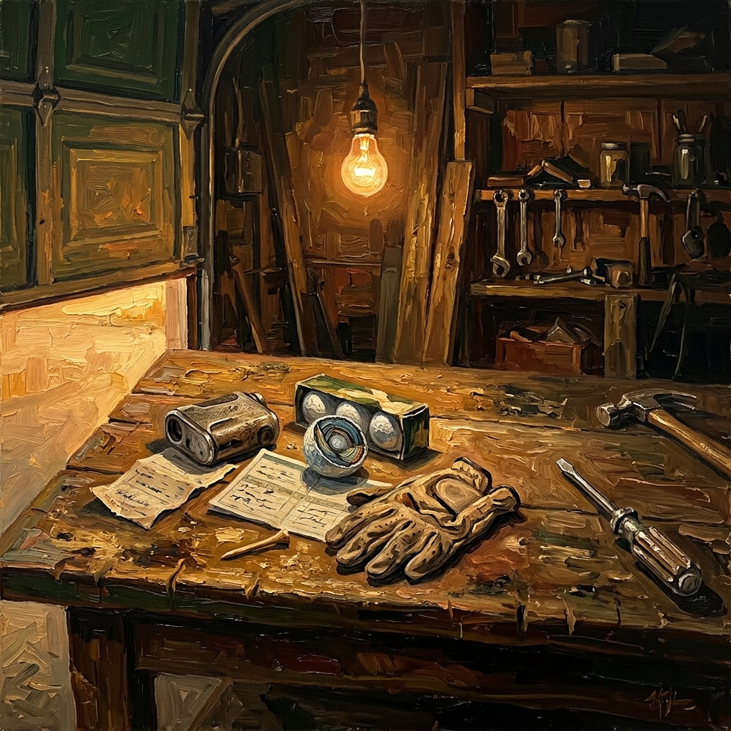 Weathered workbench with tested golf gear sorted into keep and skip piles, best and worst golf tips tested by an average golfer