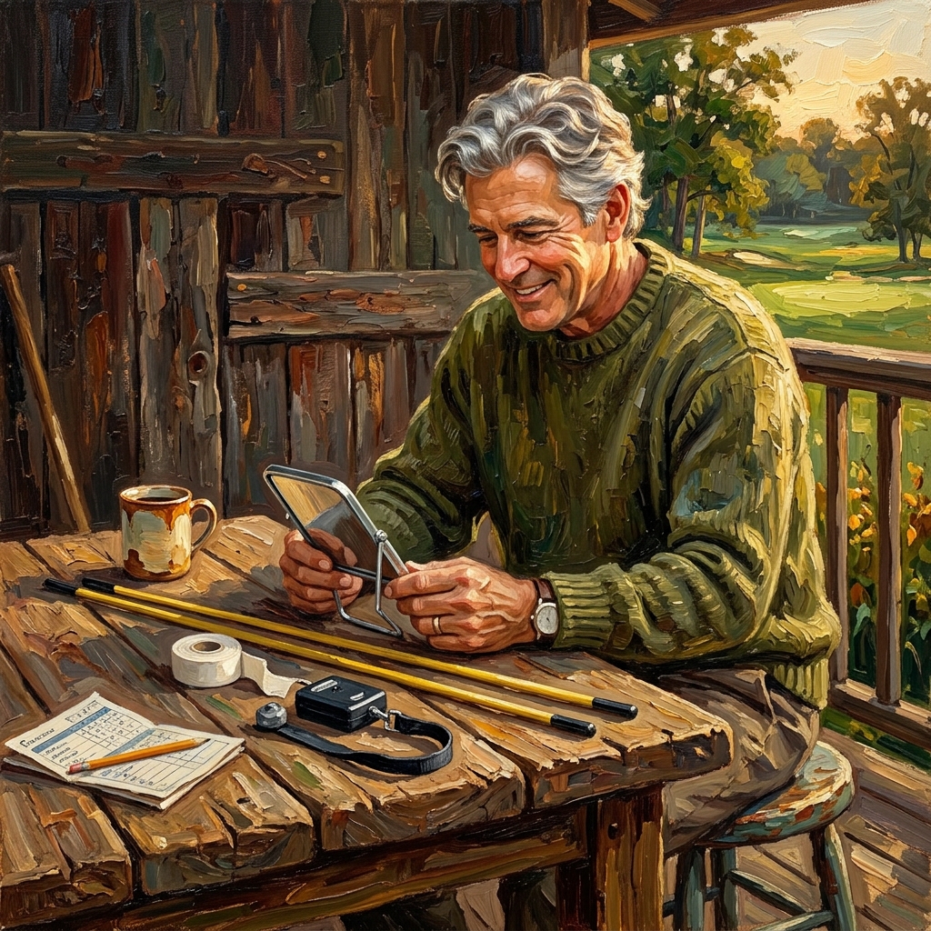Johnny examining budget golf training aids on a wooden workbench, cheap golf training aids tested