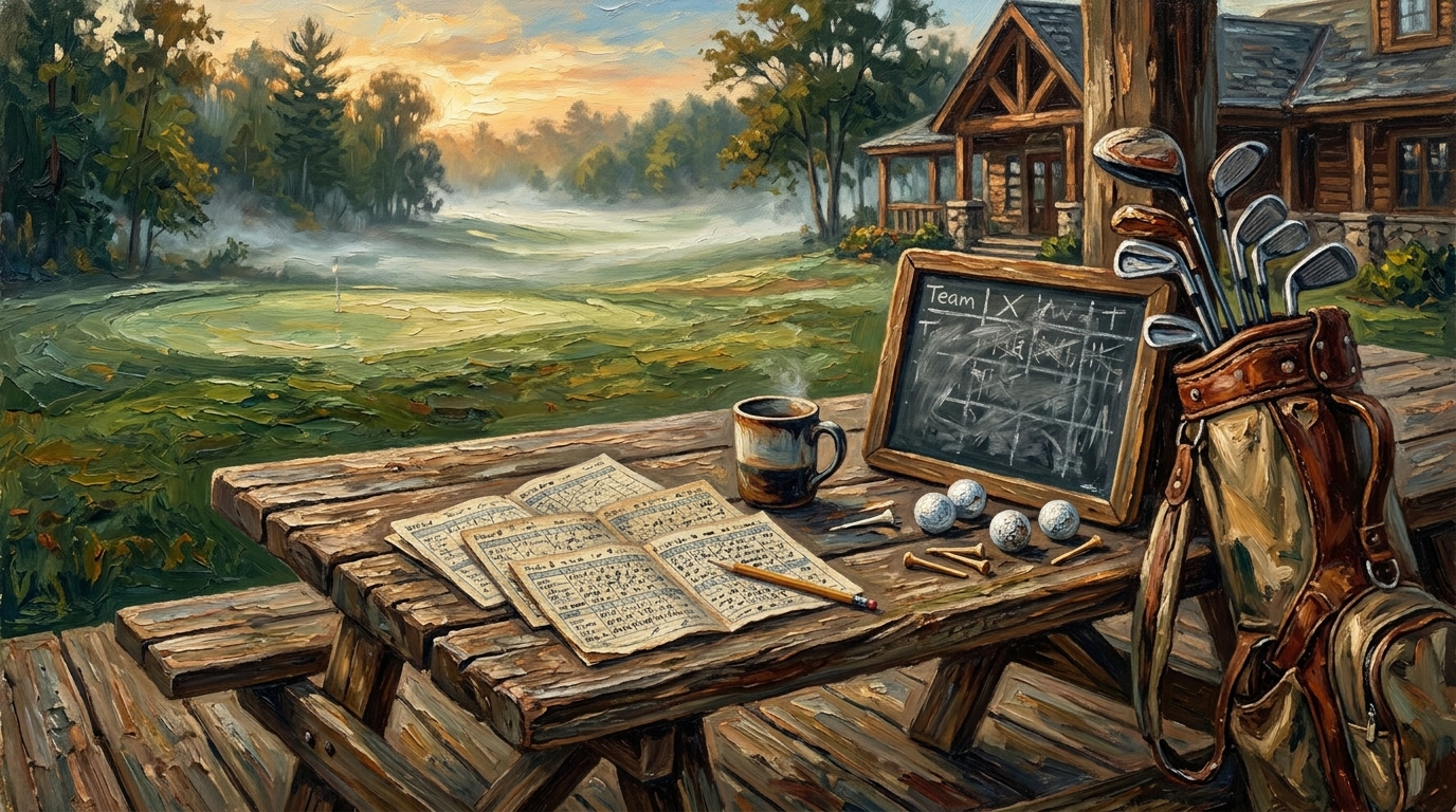 Weathered picnic table with scattered multi-day golf scorecards and running score chart, multi day golf trip games and scoring formats