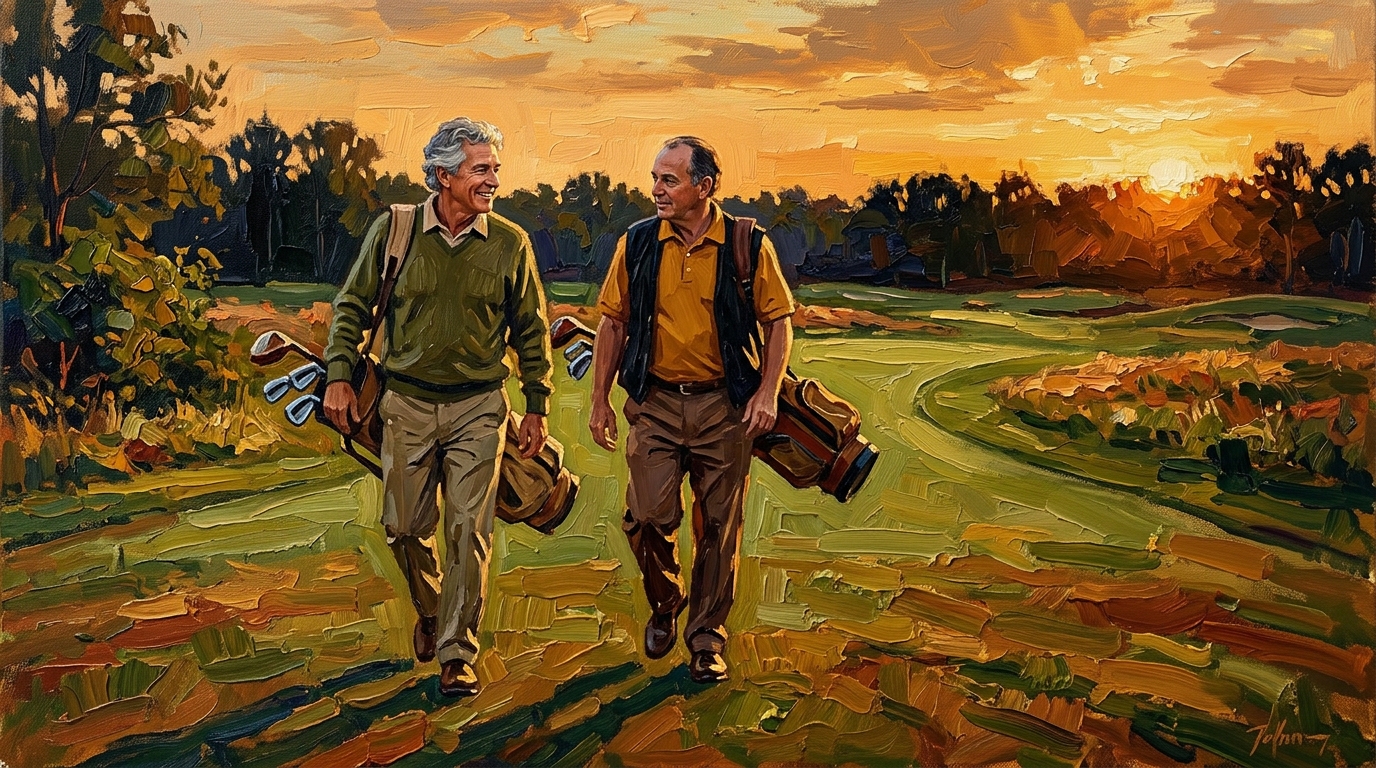 Two golfers walking a fairway together at golden hour, golf betting games for 2 players