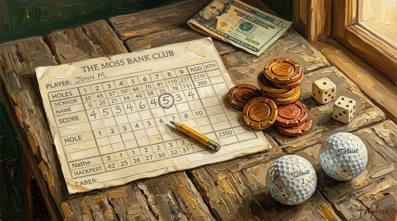 Rustic still-life of a golf scorecard, poker chips, and dice symbolizing the Vegas golf betting game rules