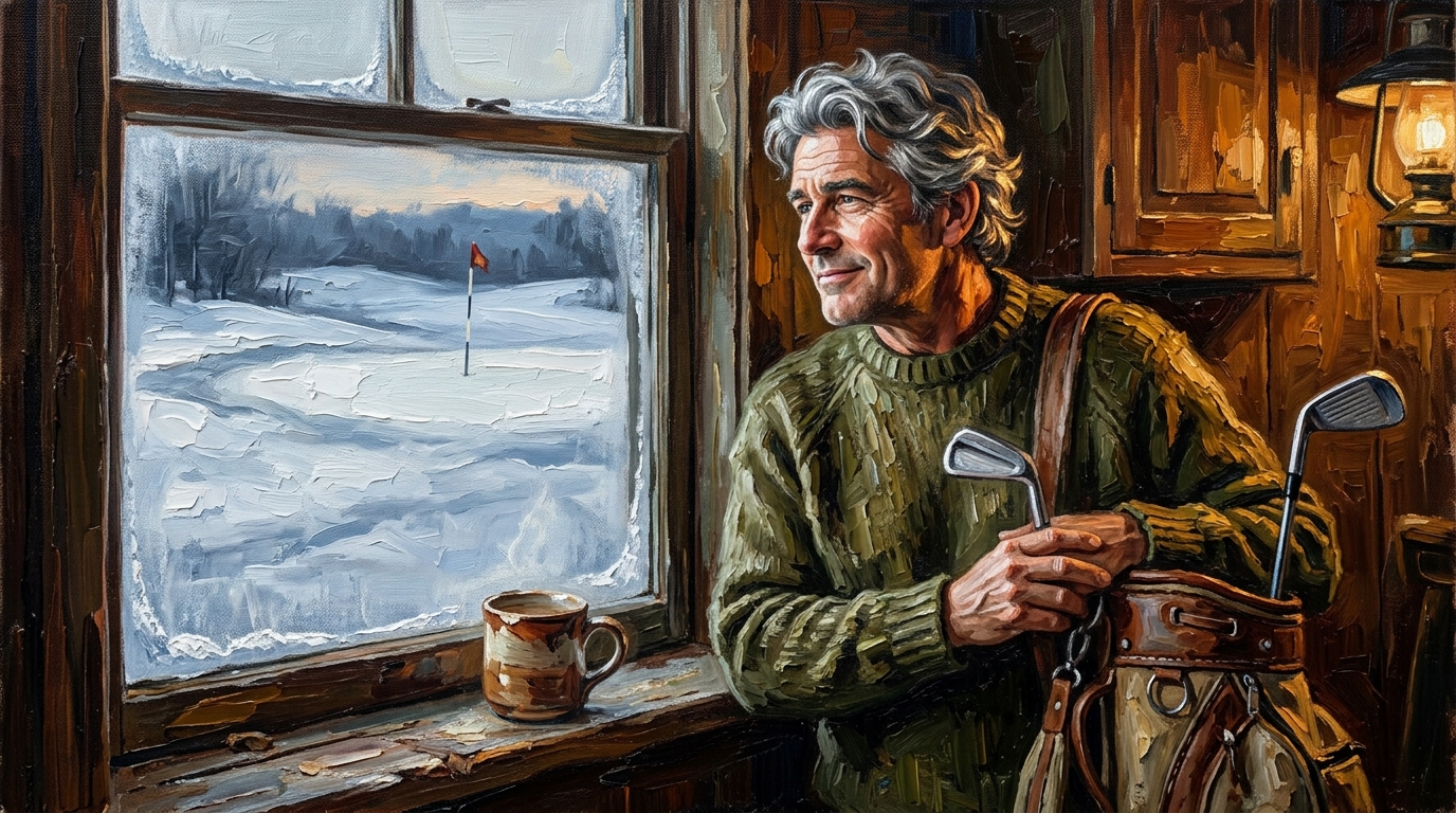 Man looking out a frosted garage window at a snow-covered golf course, golf withdrawal off season winter