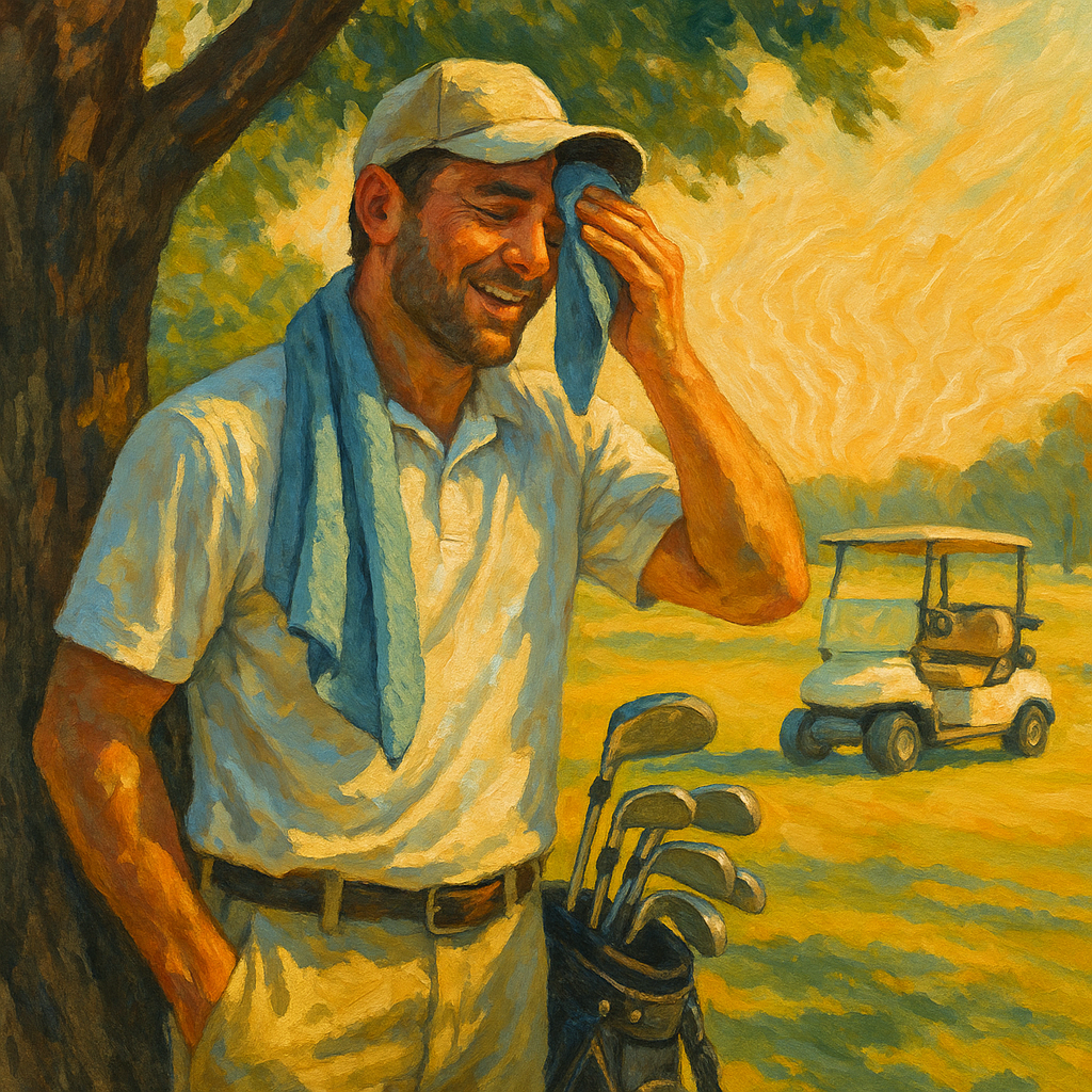 Weekend golfer taking shelter under a tree in extreme heat