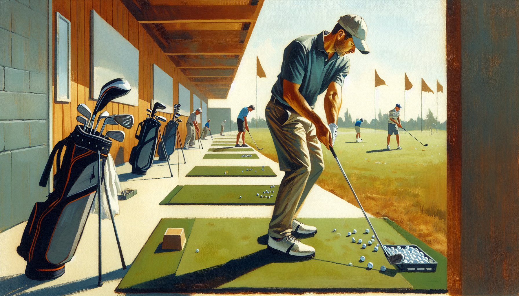 Weekend golfer practicing golf fundamentals for fast improvement on driving range
