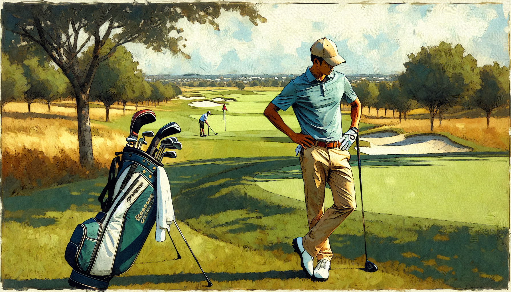 Weekend golfer taking deep breath after bad hole, looking focused and determined
