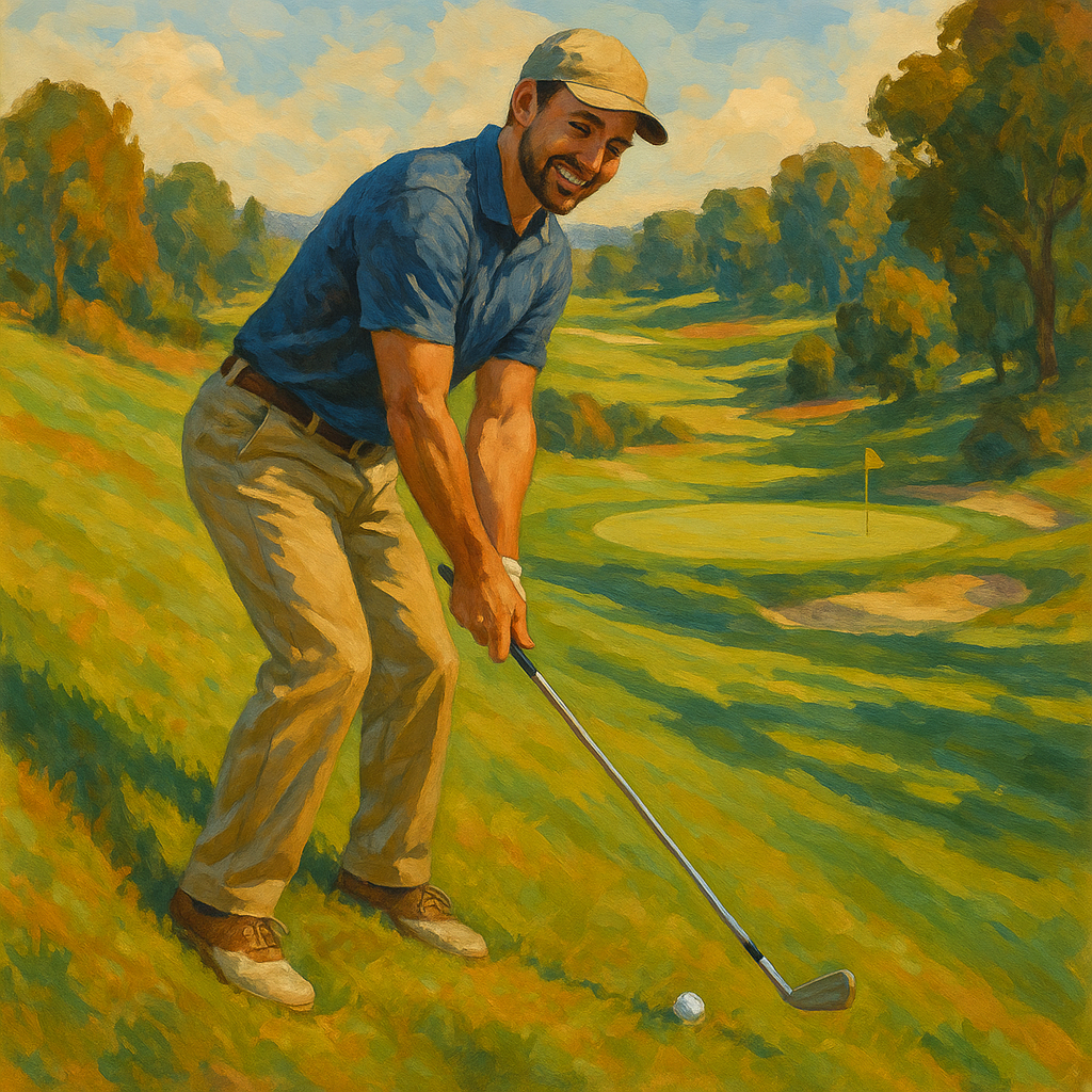 Golfer setting up properly on a severe uphill lie with proper ball position