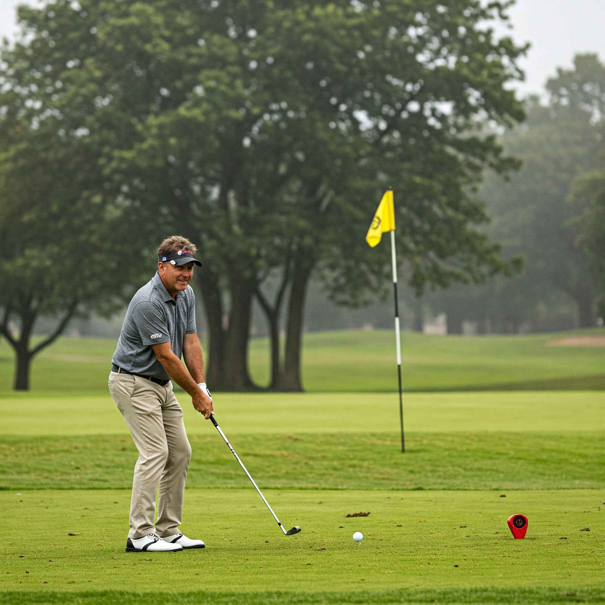 Golfer playing in windy conditions with proper stance