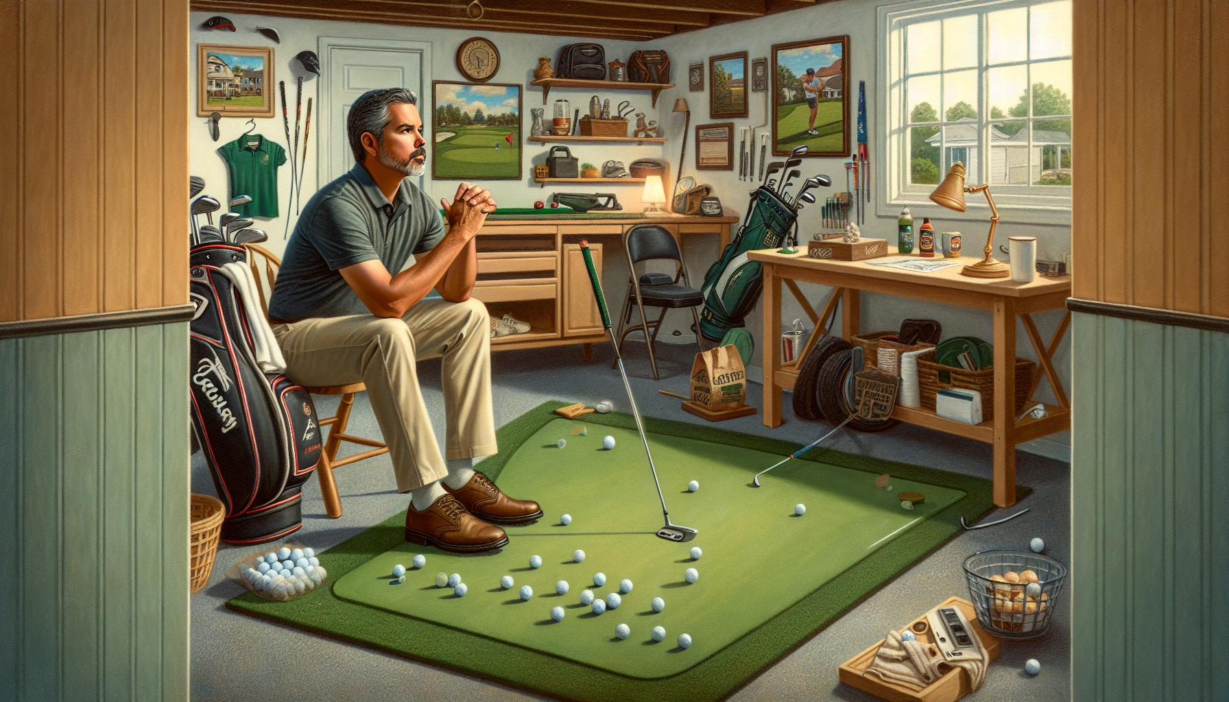 Weekend golfer practicing with training aids in his garage setup