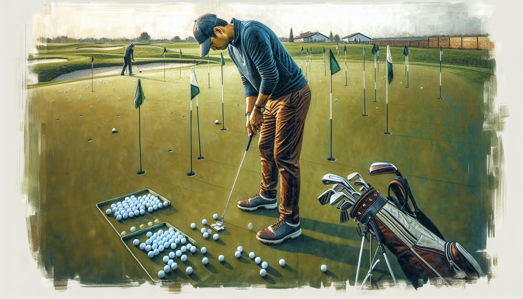 Weekend golfer practicing lag putting distance control on practice green