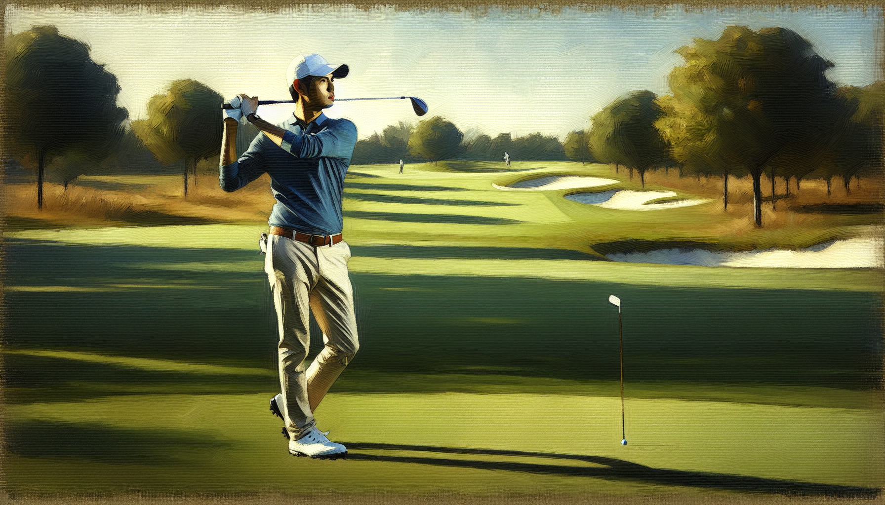 Golfer analyzing course management decision between laying up and going for the green