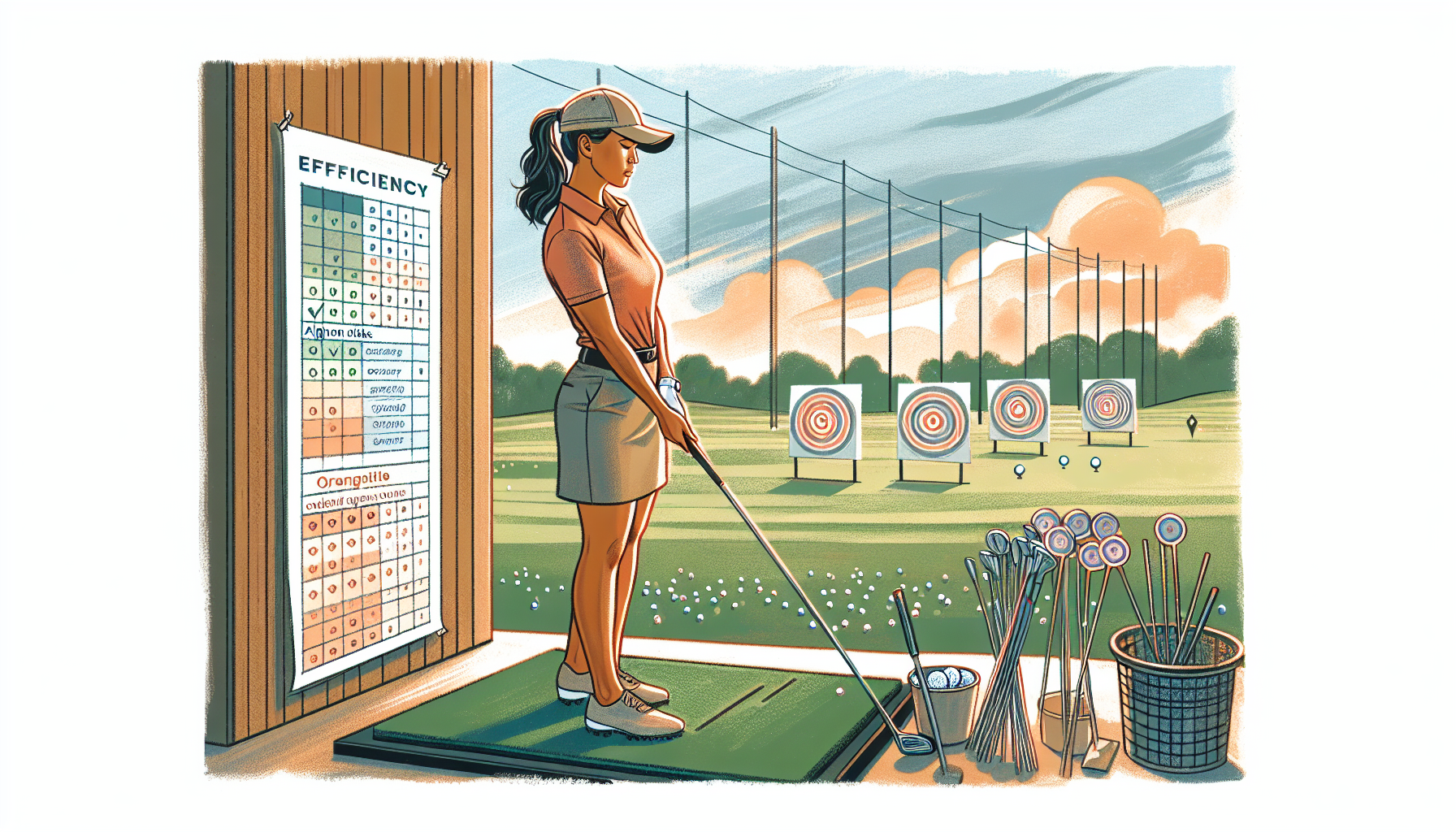 Weekend golfer practicing efficiently with focused time management at driving range