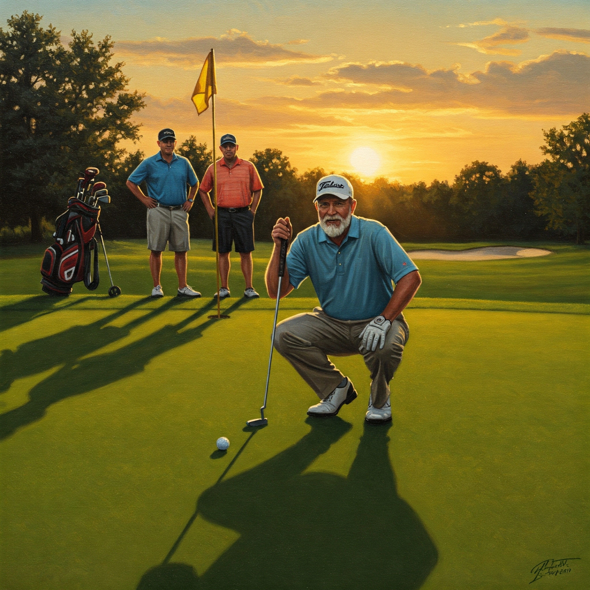 Weekend golfer carefully reading a challenging green at sunset using mini-golf techniques