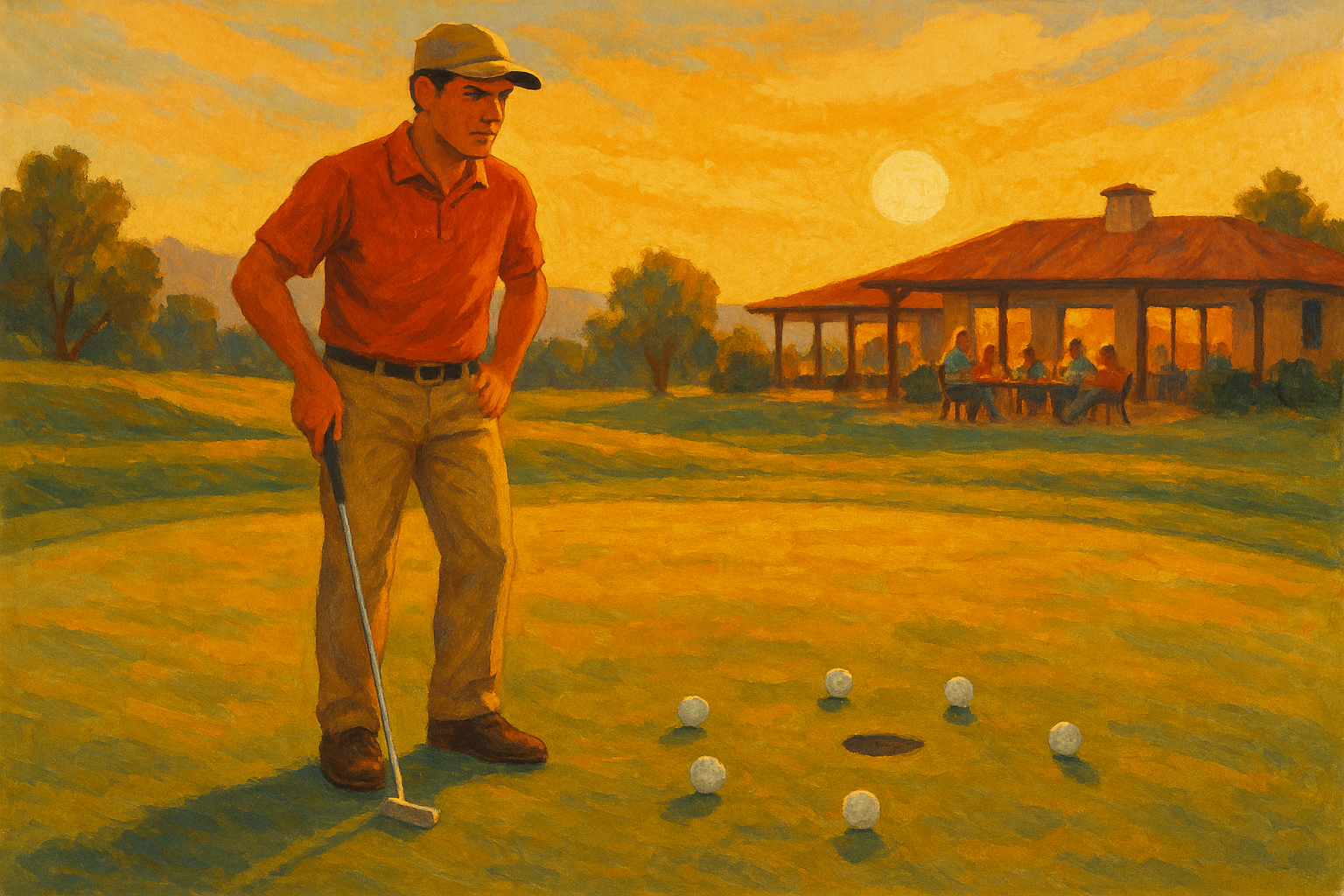 Golfer celebrating after sinking a putt while his buddies look surprised