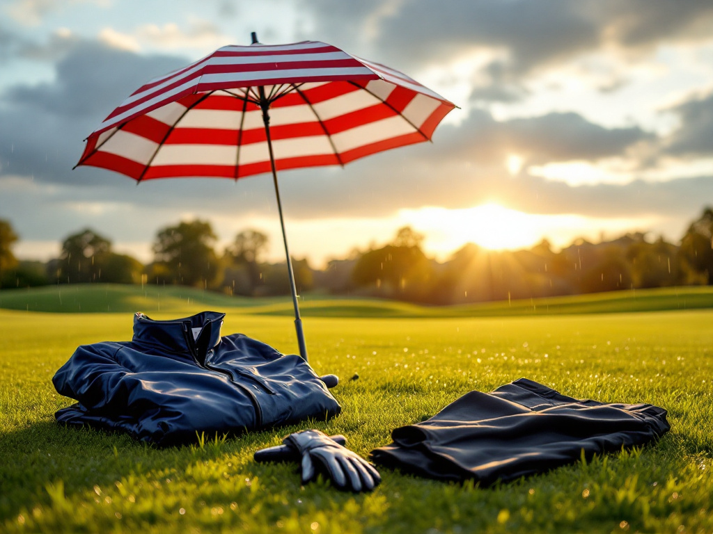 Essential golf rain gear including jacket, gloves, umbrella and pants laid out on wet golf green