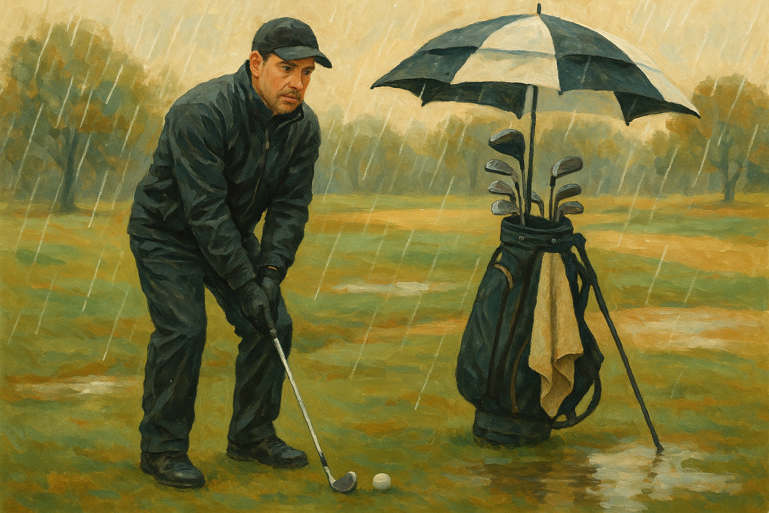 Golfer playing in the rain with specialized rain gloves and protected equipment