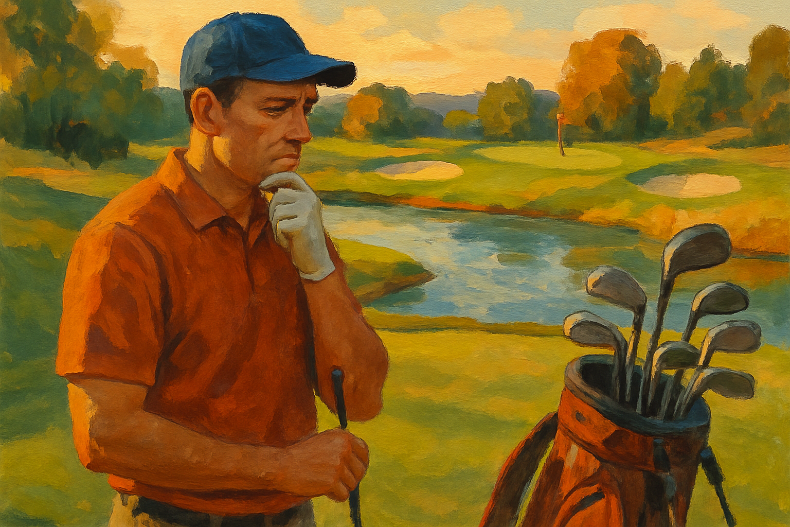 Golfer contemplating risk-reward shot over water hazard