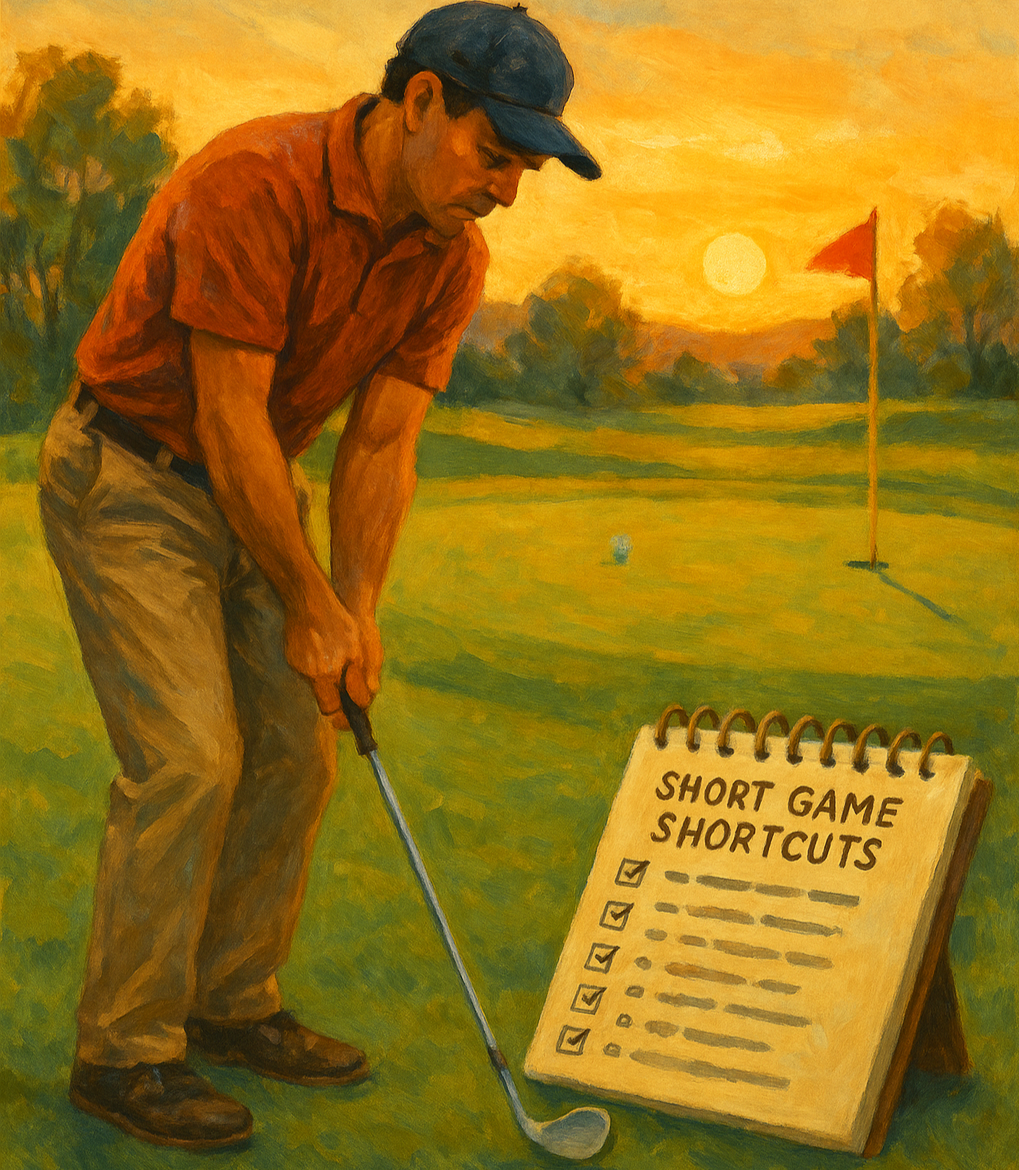 Weekend golfer practicing simple short game techniques near green