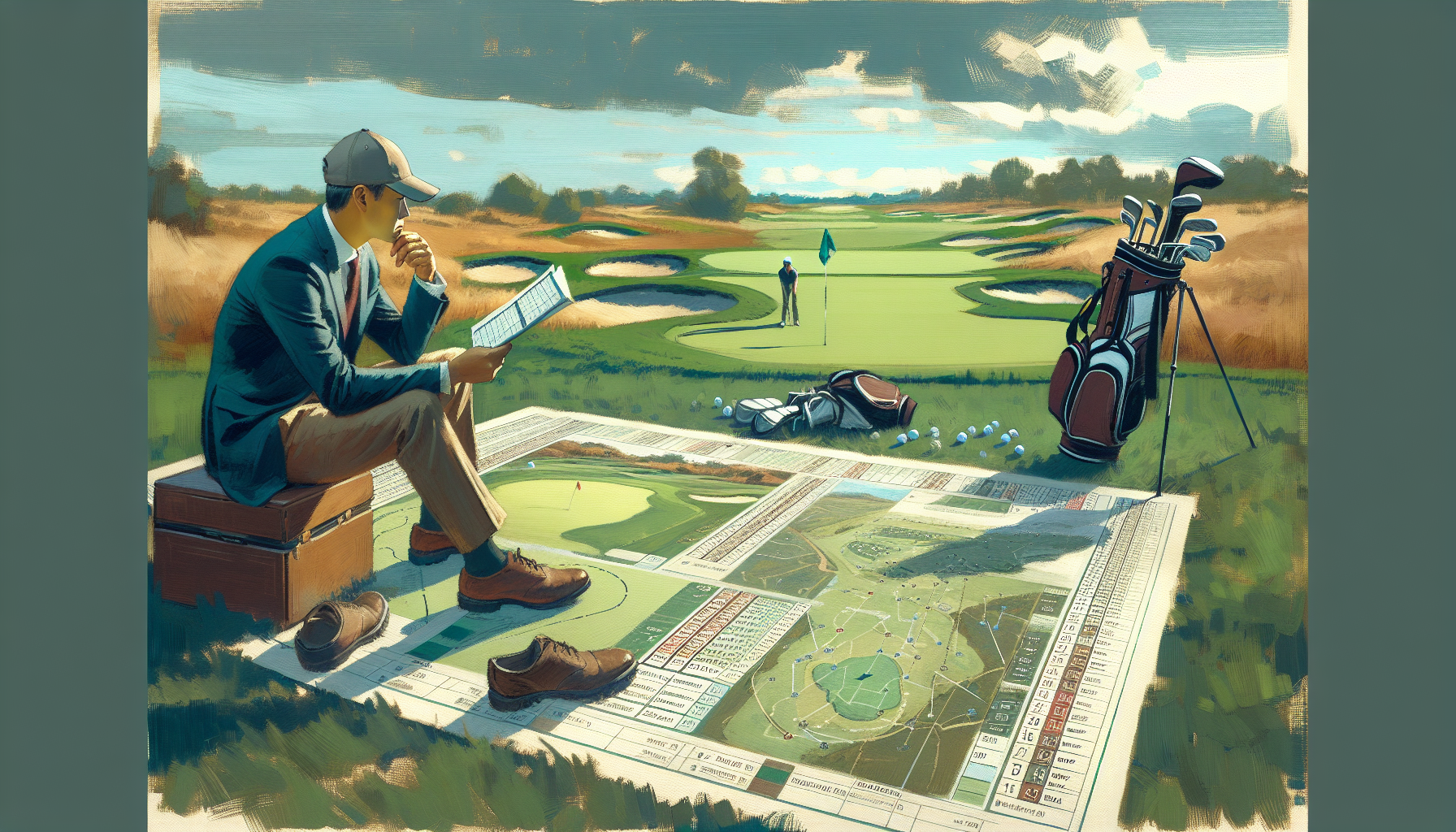 Weekend golfer reviewing course management strategy on golf course