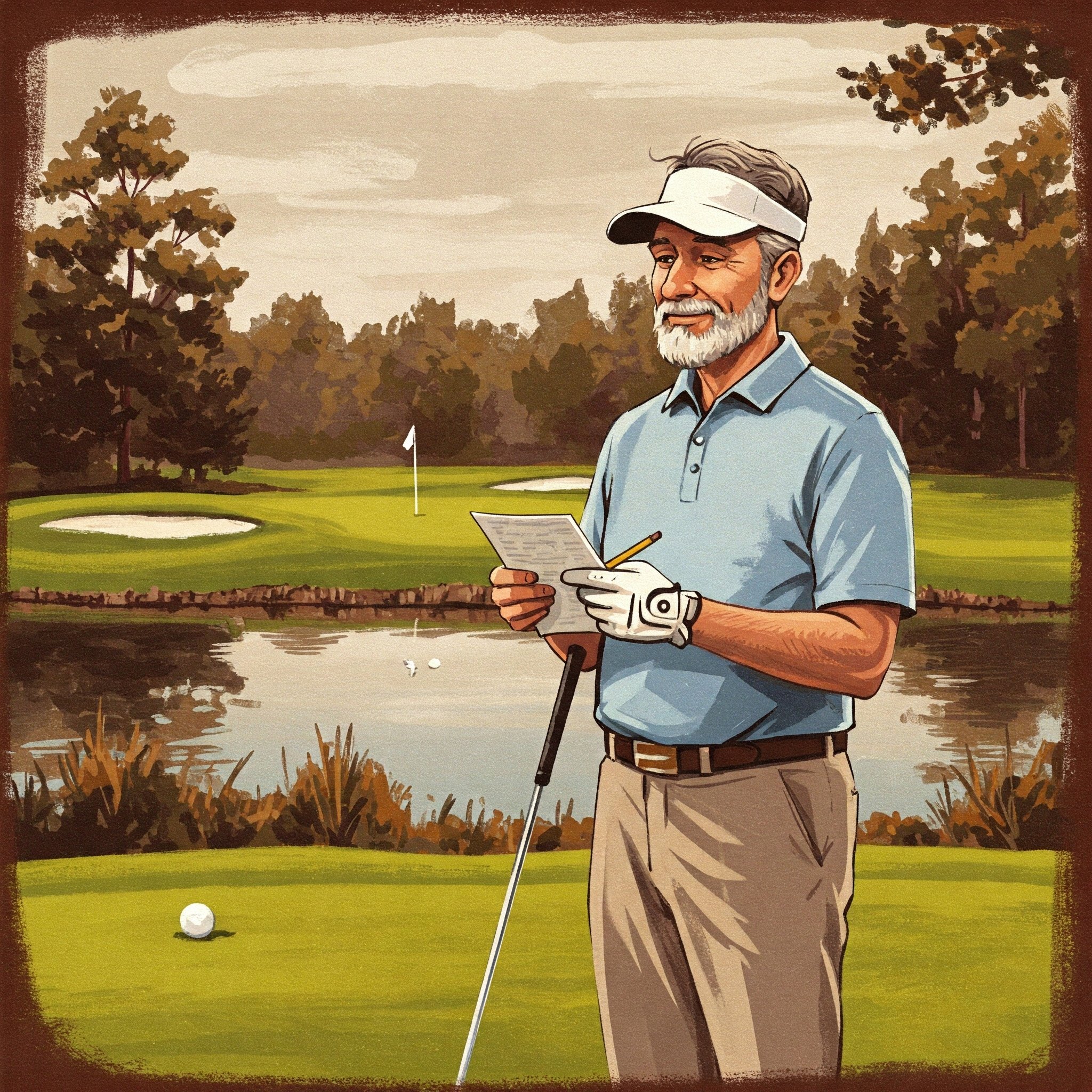 Weekend golfer analyzing course strategy with scorecard and yardage book