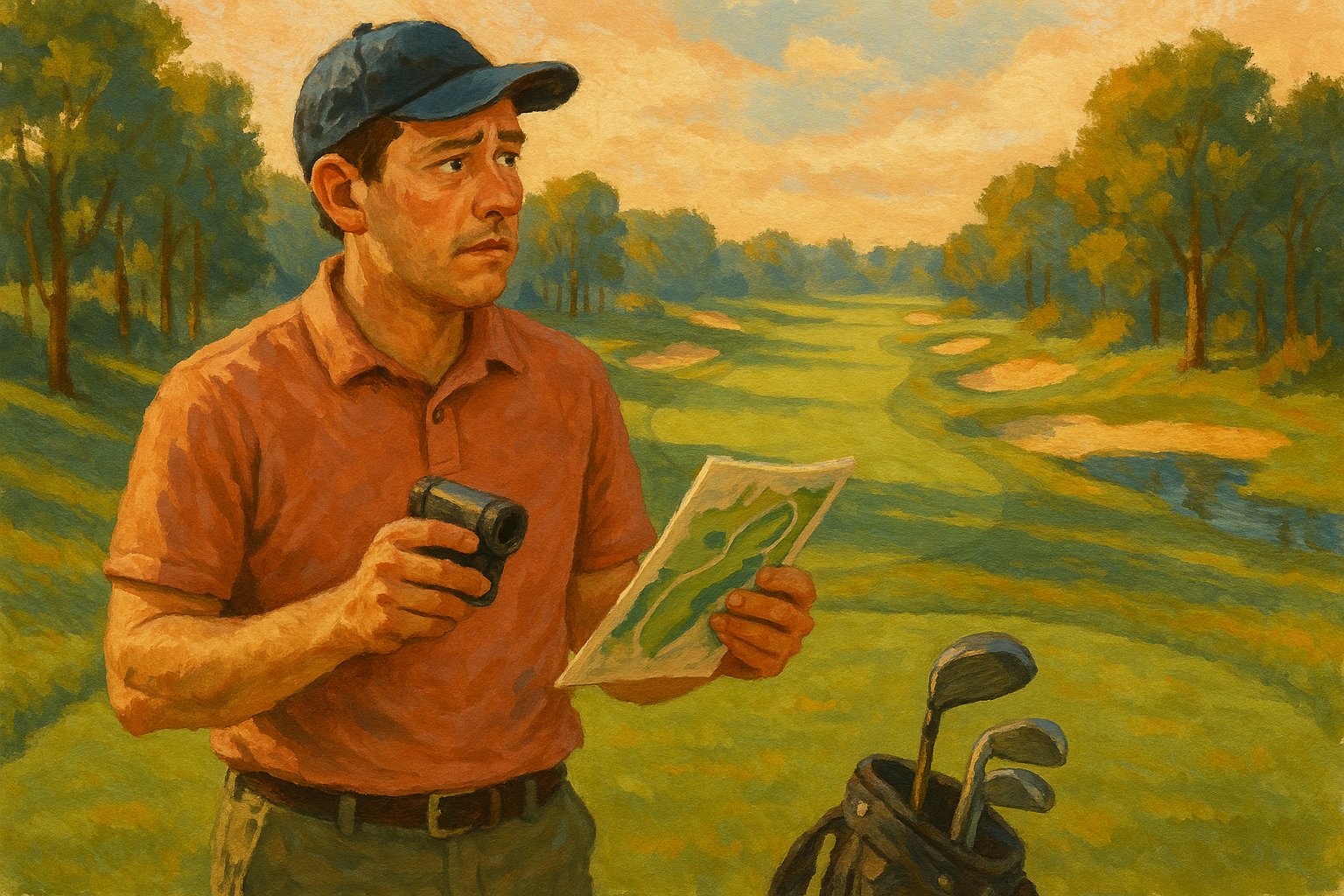 Weekend golfer studying a golf course map with a rangefinder and notes, preparing to navigate an unfamiliar course