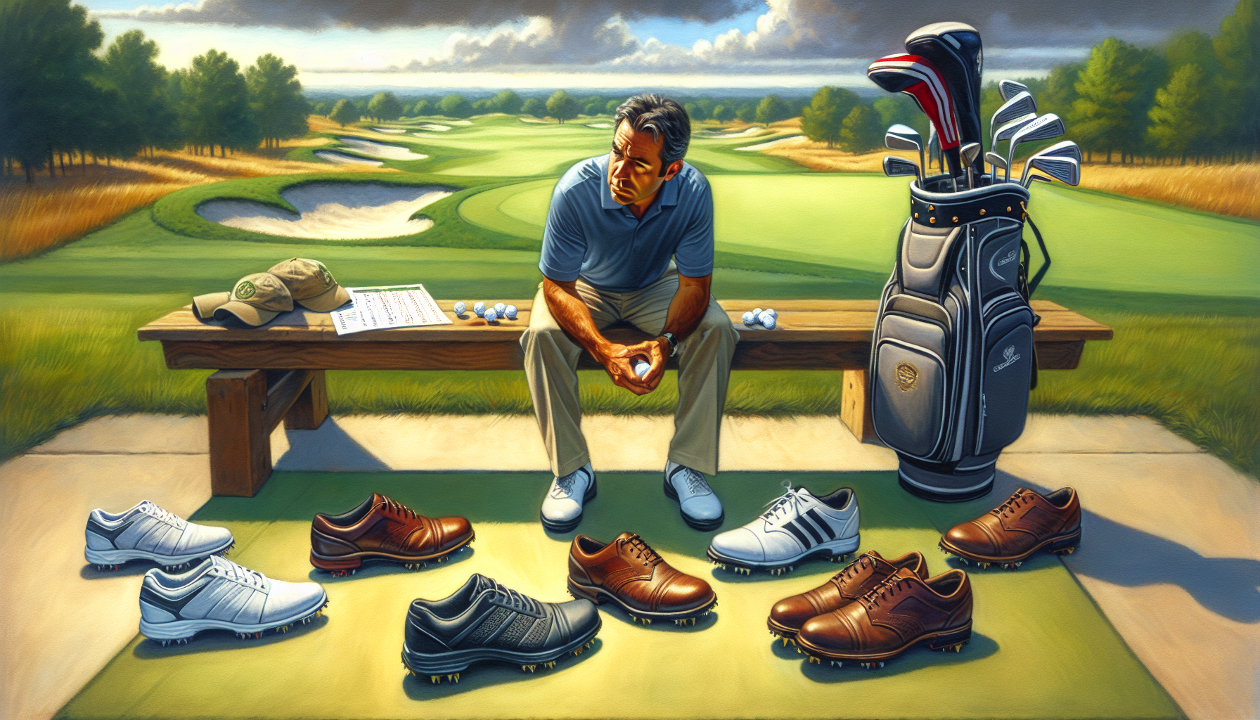 Weekend golfer comparing different golf shoes for walking on the course