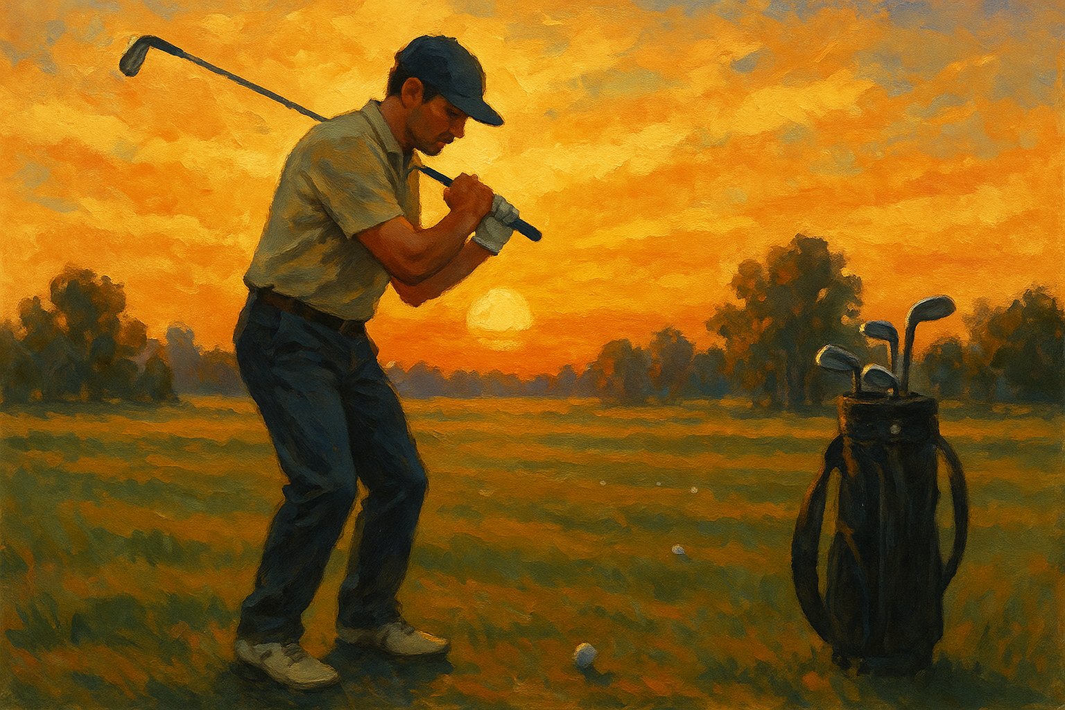 Golfer practicing with his most challenging club at sunset
