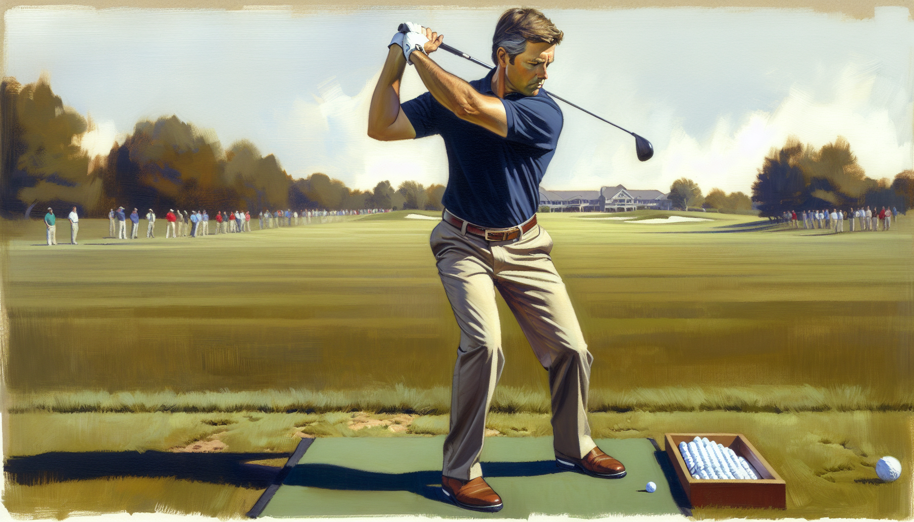 Weekend golfer practicing swing fundamentals on driving range